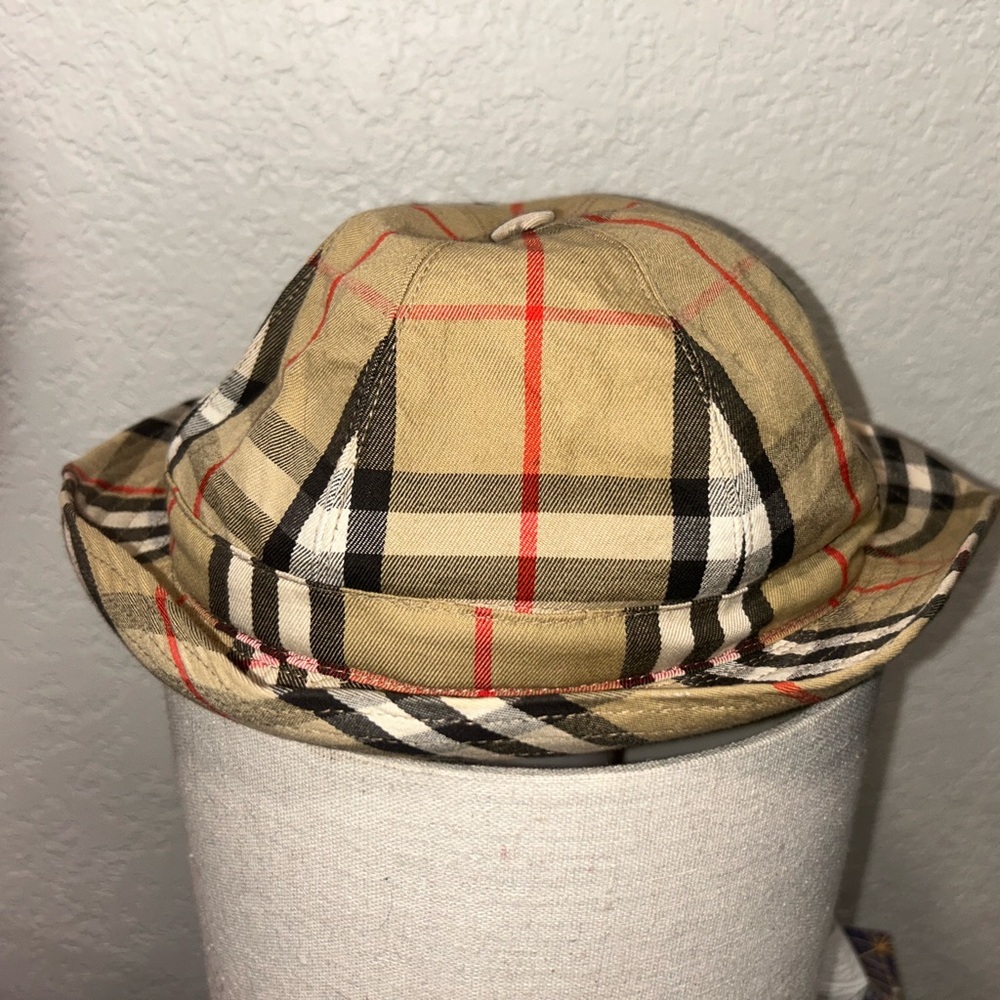 Burberry Kids Plaid Bucket Hat in Tan, Black, White & Red
